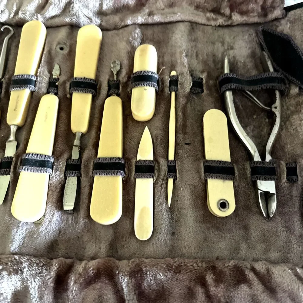 Manicure Set Vintage Leather/Suede Roll Up French Ivory Handles 11 Piece Set